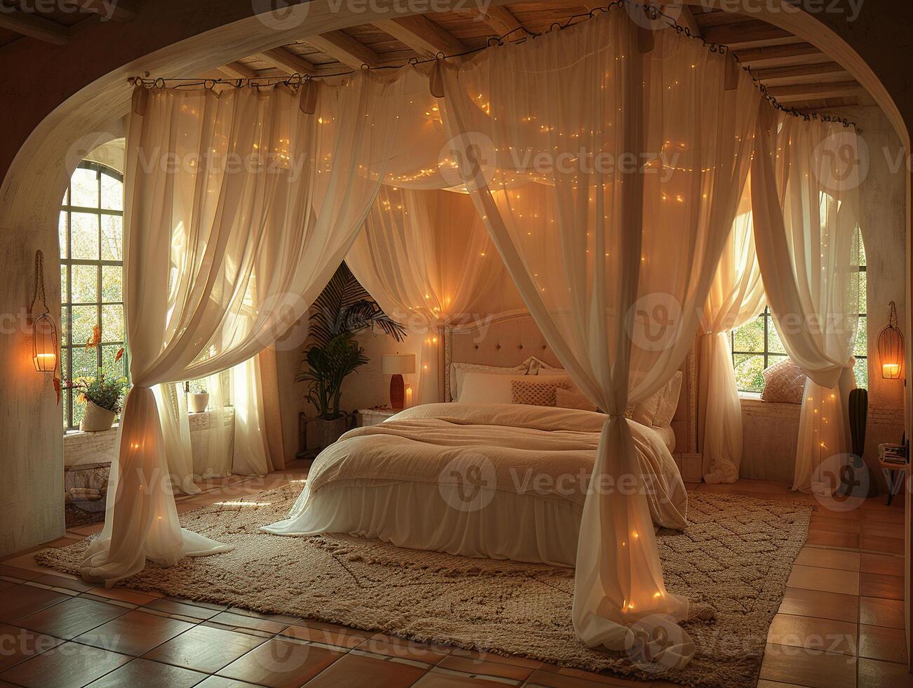 ai généré romantique chambre avec doux éclairage pur rideaux photo