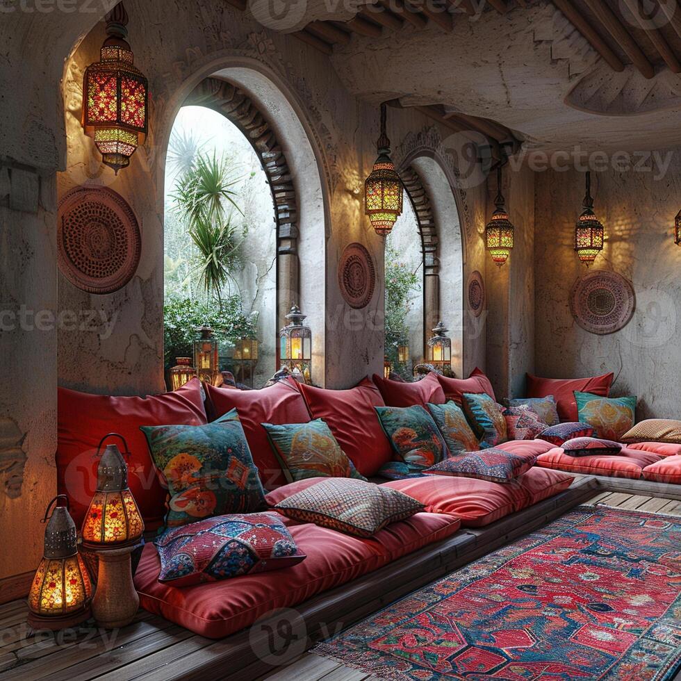 ai généré à la marocaine salon avec riches couleurs lanternes photo