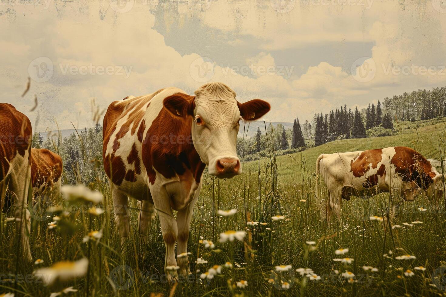 ai généré pâturage vaches sur pâturage terres. photo