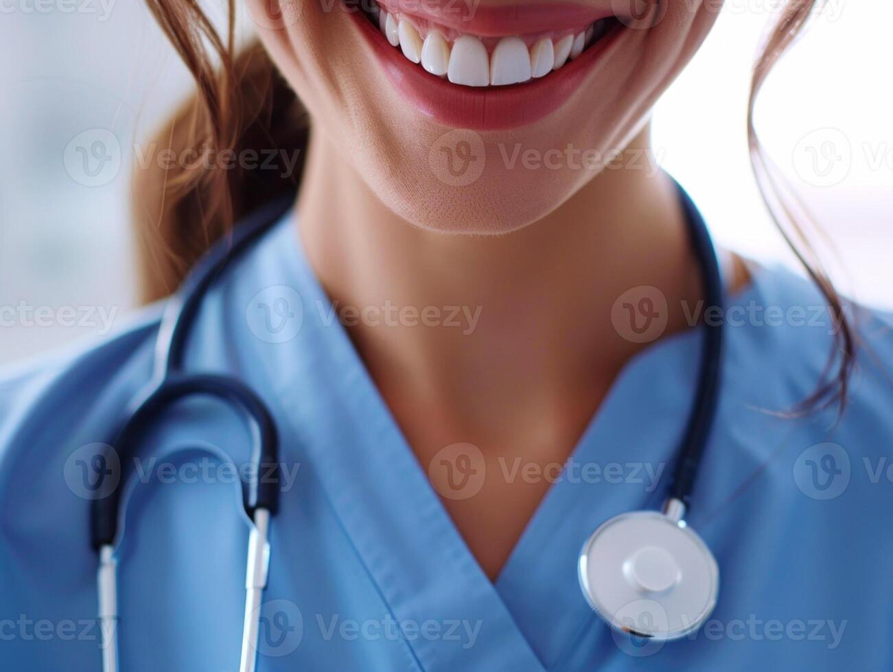 ai généré à dents blanches sourire de une Jeune médecin. agréable femme souriant largement, médical correctif, stéthoscope. photo