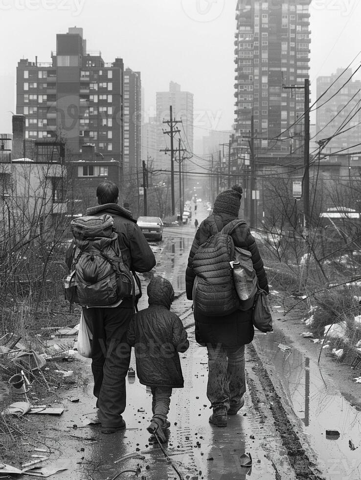 ai généré sans abri famille déchiré couvertures photo