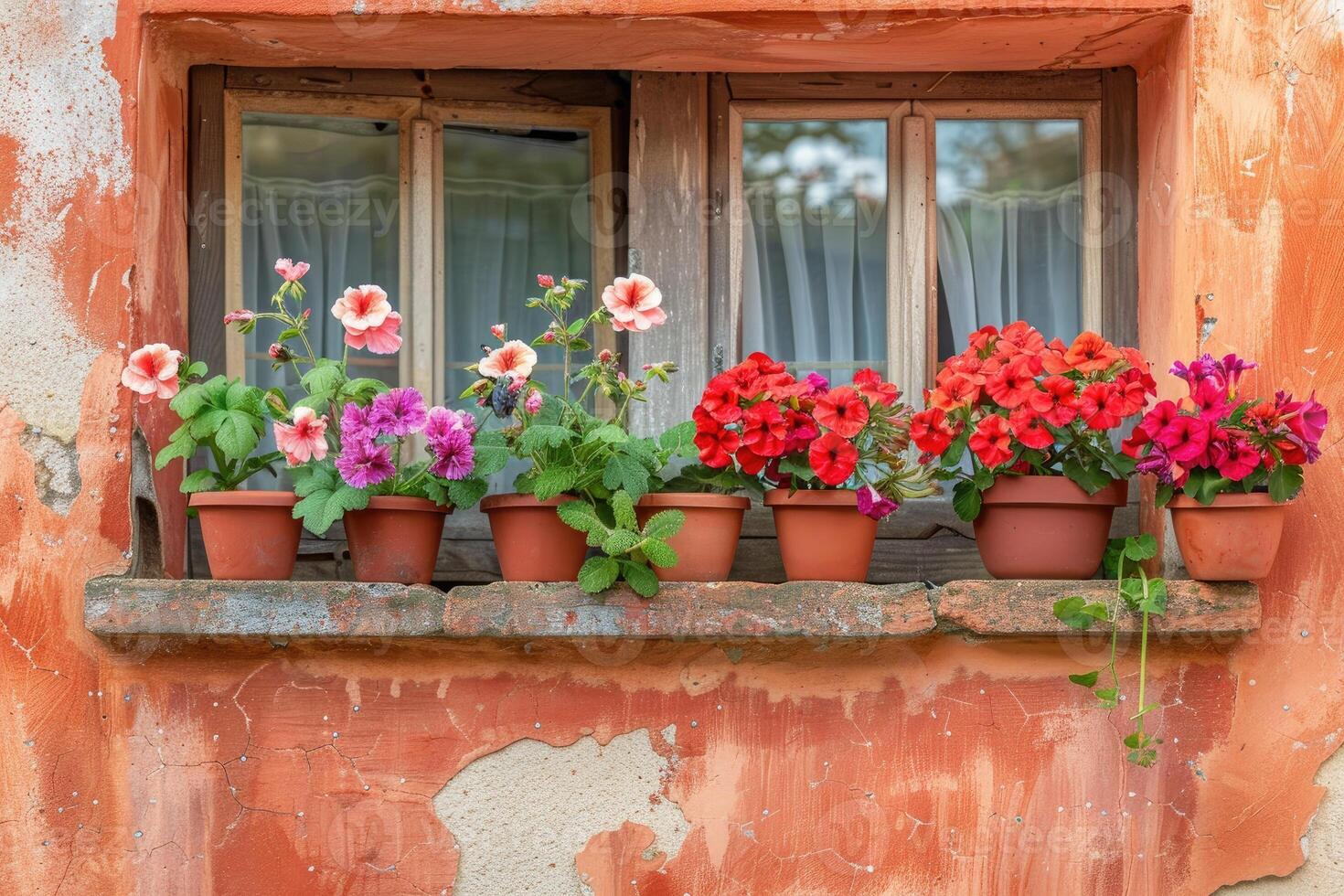 ai généré pélargonium et géraniums dans fleur des pots sur le rebord de fenêtre de une rural maison à l'extérieur contre une couleur terre cuite mur. photo