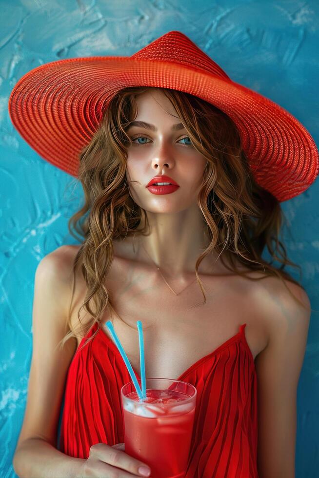 ai généré ensuivre fille dans rouge dépouillé chapeau et rouge robe avec une été cocktail plus de bleu Contexte photo