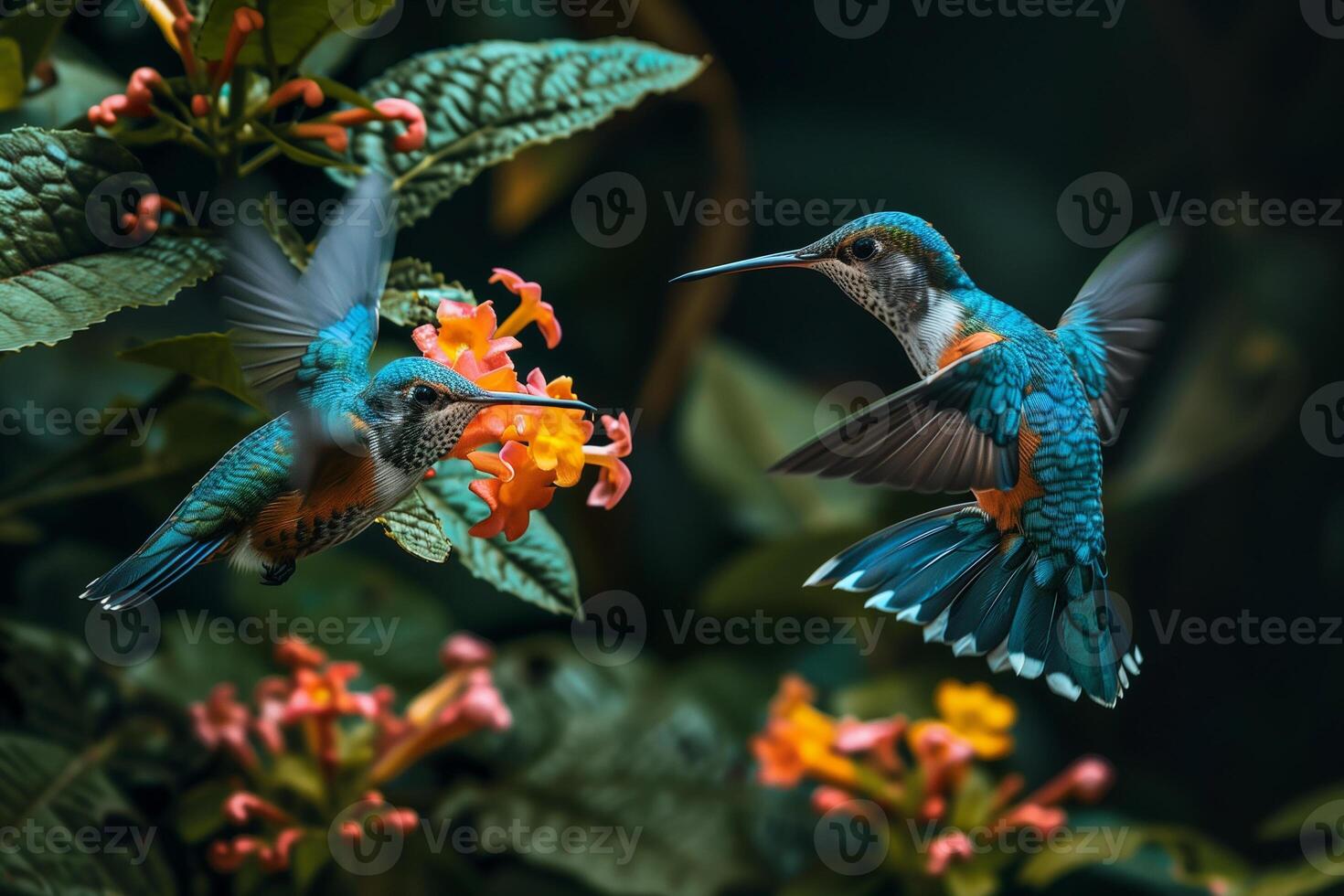 ai généré colibri succion nectar de Floraison dans le forêt,générative ai photo