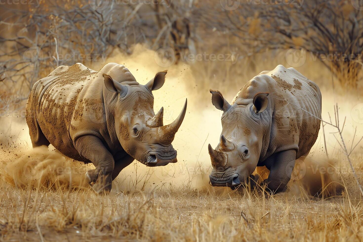 ai généré deux rhinocéros combat dans safarigénératif ai photo