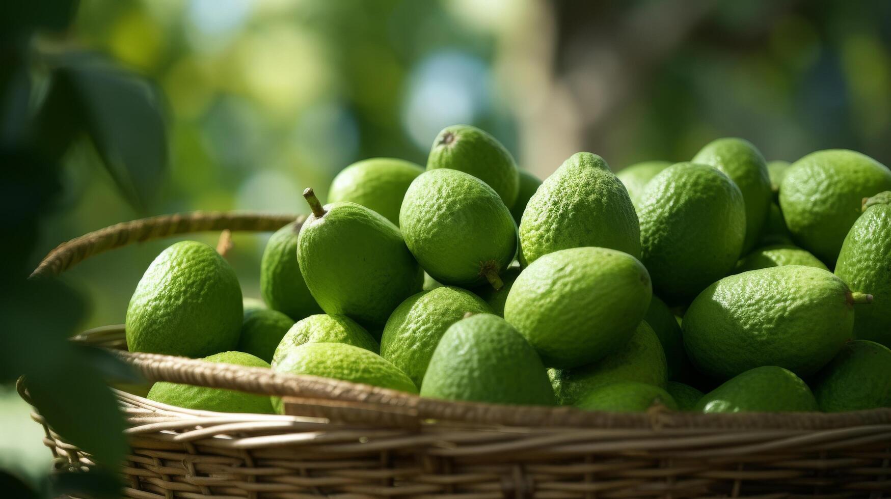 ai généré tissé panier rempli avec vibrant feijoas photo