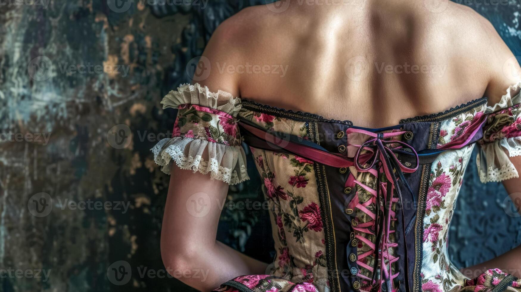 ai généré ancien corset sur une femme contre rustique toile de fond photo