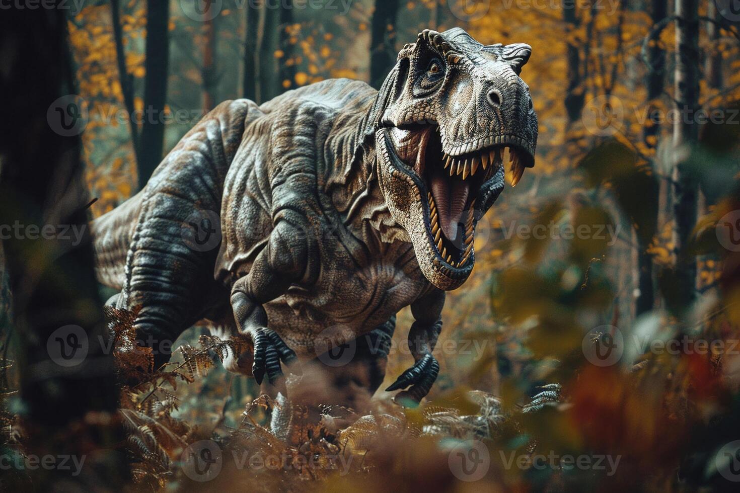 ai généré une rugissement tyrannosaure Rex des stands menaçant dans une préhistorique forêt photo