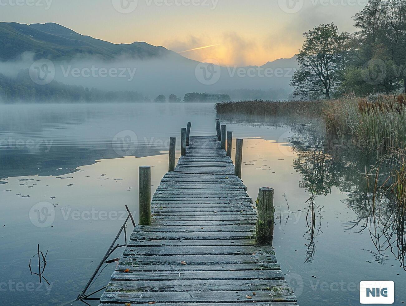 ai généré calme Lac à Aube avec en bois Dock photo