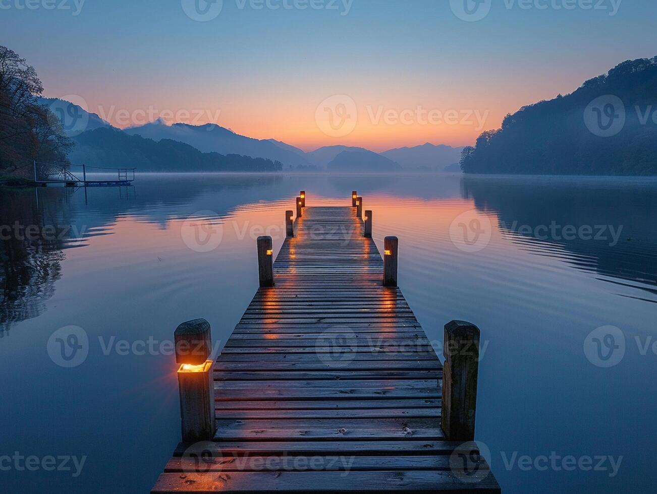 ai généré calme Lac à Aube avec en bois Dock photo