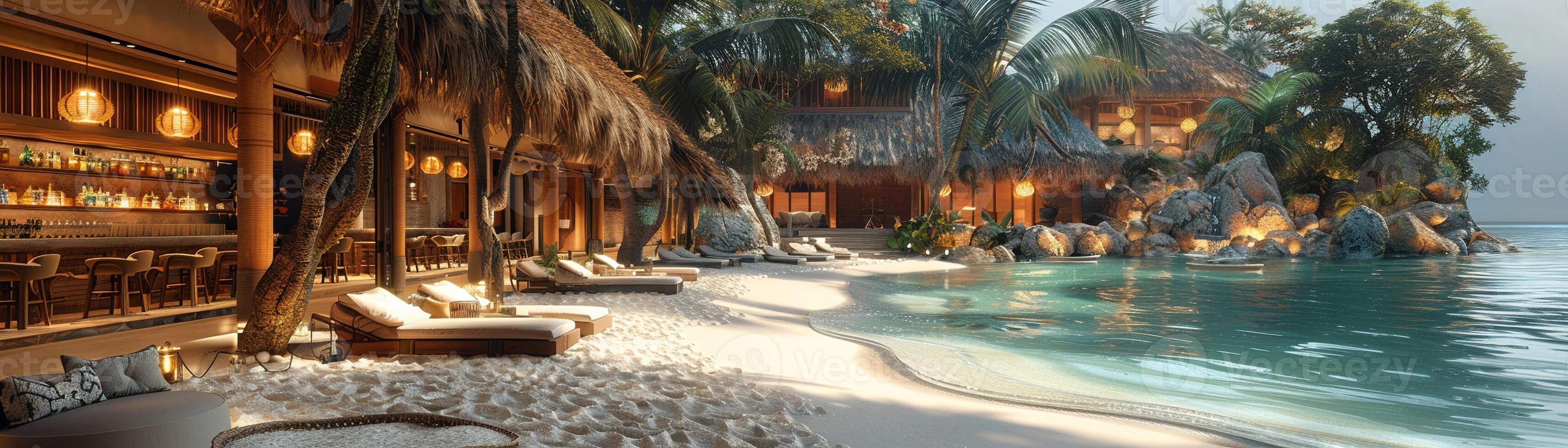 ai généré inspiré des Caraïbes plage bar avec chaume toits et le sable planchers photo