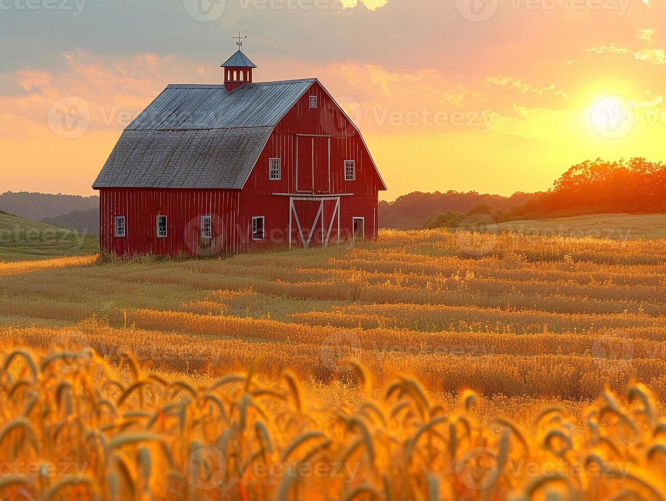 ai généré rustique Grange dans une d'or champ à le coucher du soleil photo