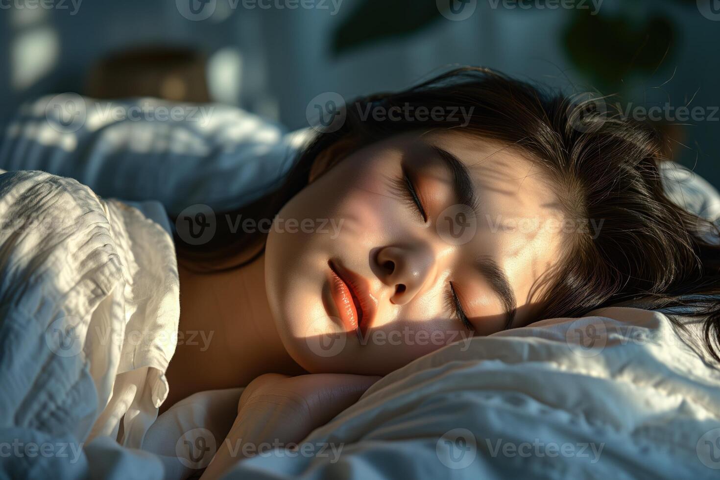 ai généré magnifique Jeune femme dans pyjamas en train de dormir dans lit à de bonne heure Matin photo