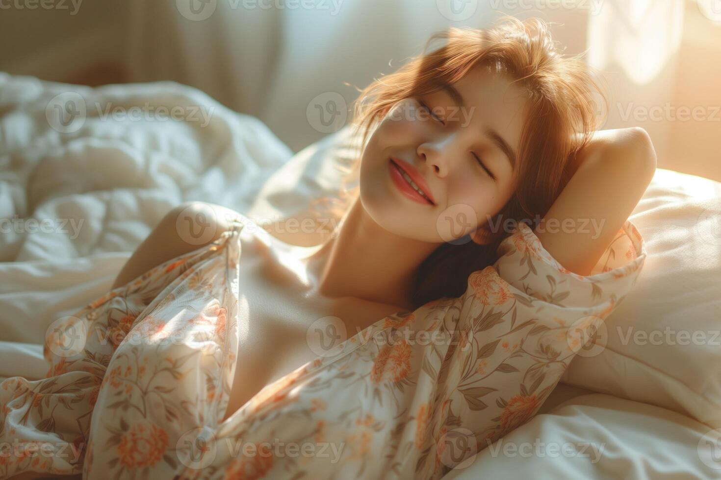 ai généré magnifique Jeune asiatique femme réveiller en haut dans le Matin avec lumière du soleil photo