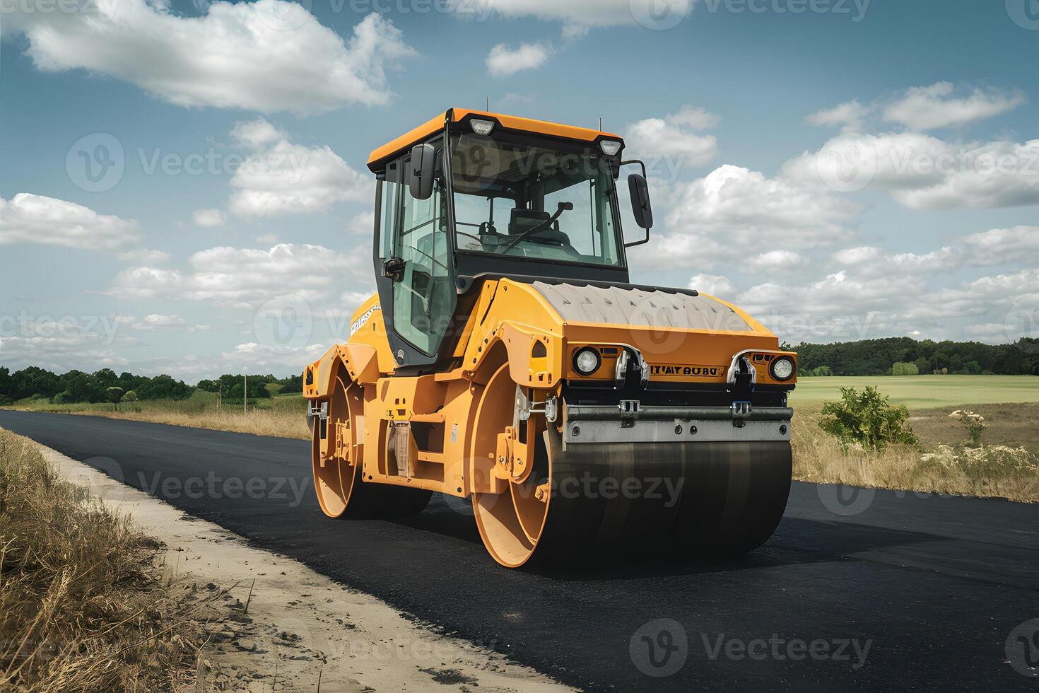 ai généré img tandem vibration rouleau compacteur travail sur asphalte chaussée, route réparation photo