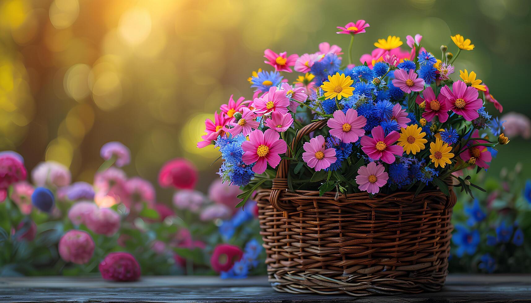 ai généré panier de fleurs pour de la mère journée. coloré fleur panier dans la nature en dessous de ensoleillement pendant heure d'été. en bois panier plein de coloré fleurs photo