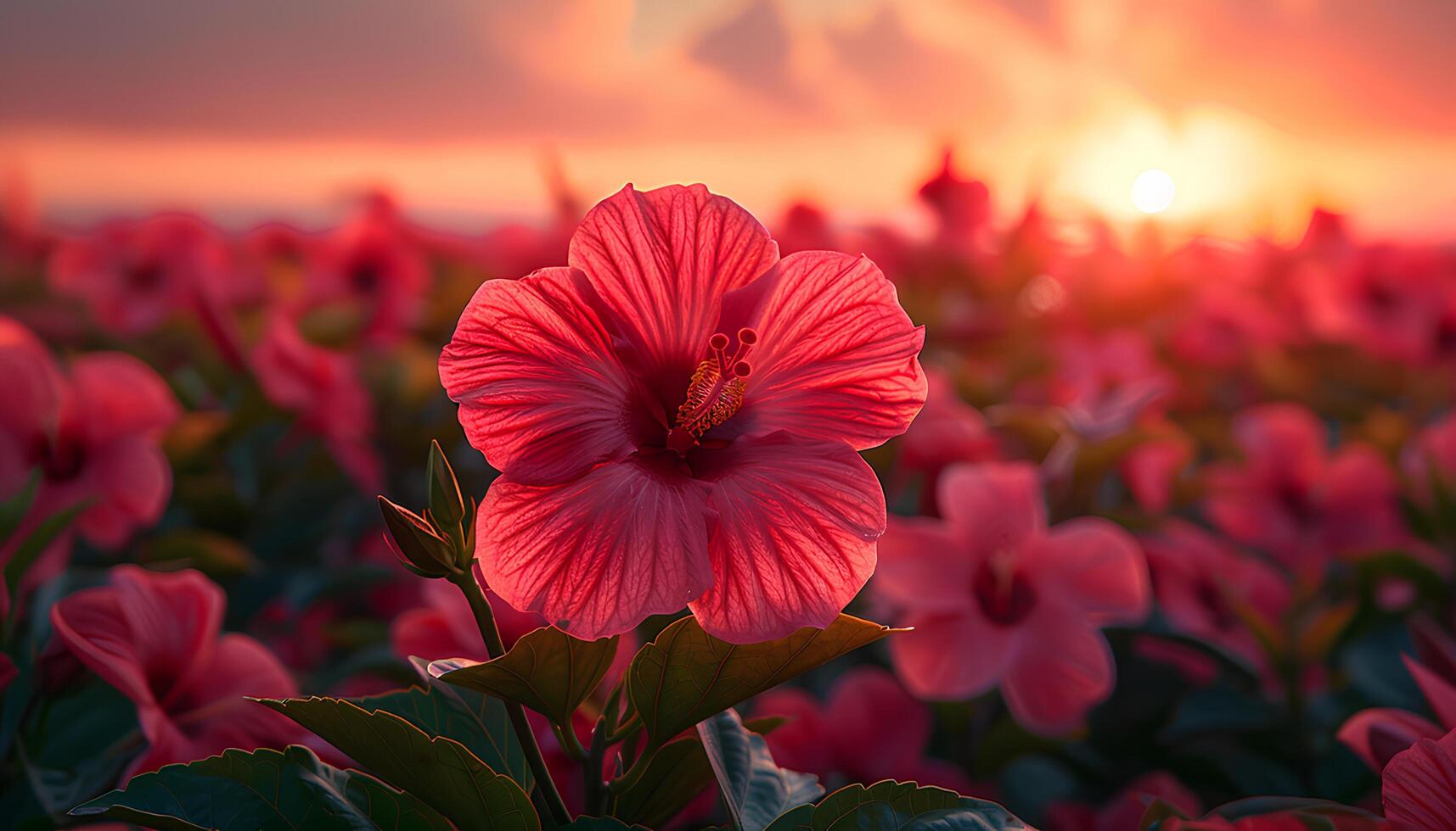 ai généré rouge hibiscus fleur champ épanouissement pendant le le coucher du soleil. rouge hibiscus fermer. rouge fleur en dessous de le Soleil photo