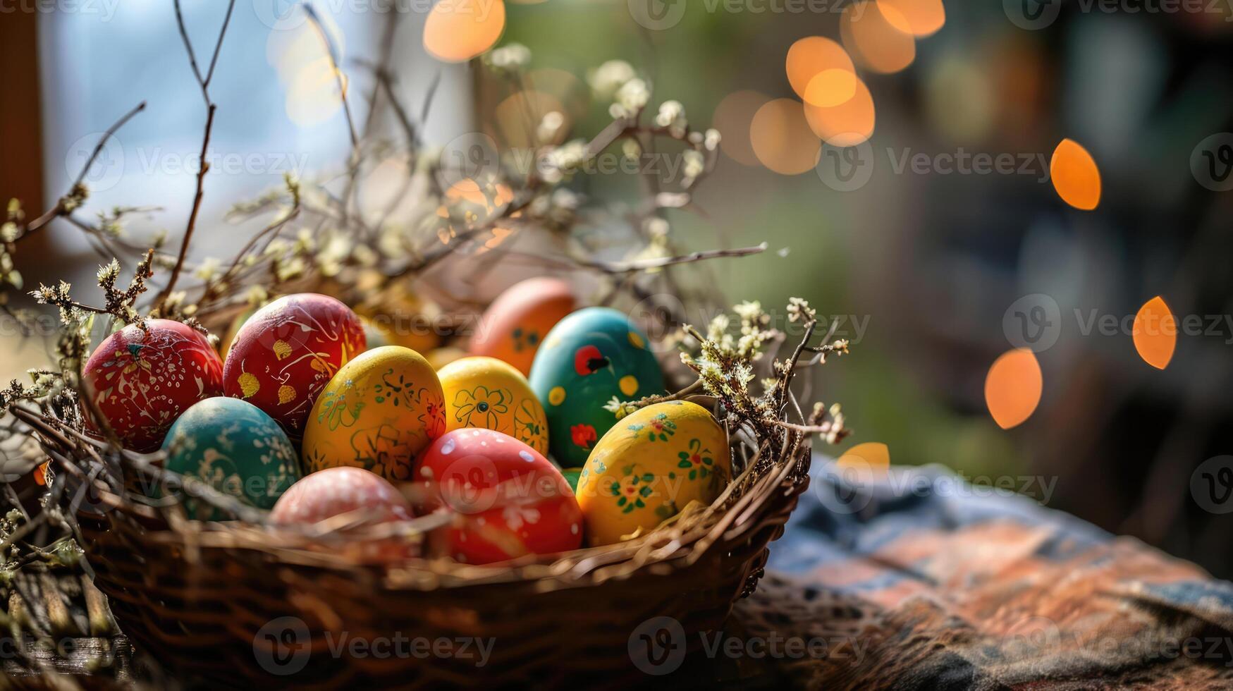 ai généré coloré Pâques des œufs peint dans différent motifs dans osier panier permanent sur nappe de table, délicat blanc fleurs autour, bokeh lumières sur Contexte. salutation carte pour Pâques vacances. photo