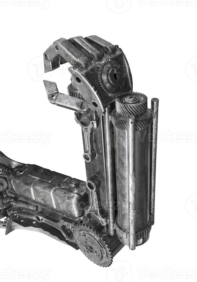 main de robot sculpture faite de ferraille isolée photo