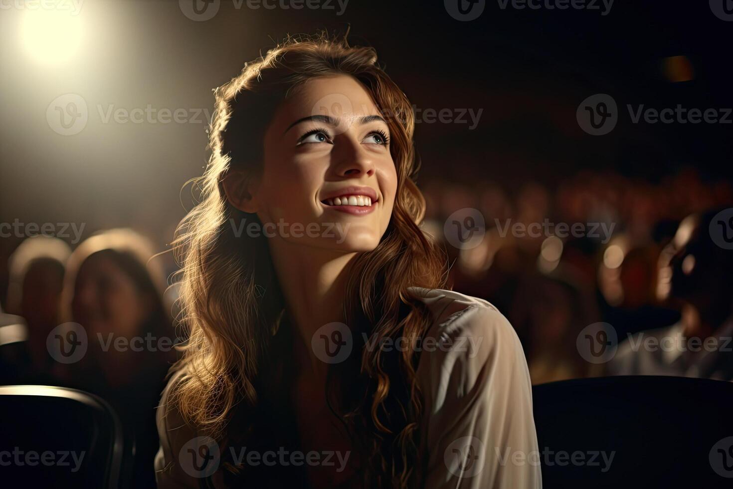 ai généré content Jeune femme à cinéma en train de regarder film photo