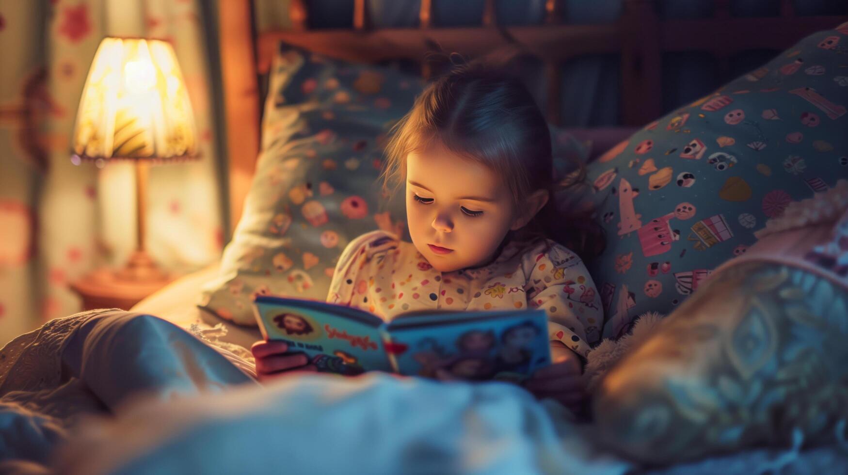 ai généré peu fille en train de lire dans lit, nuit lumière embrasé. parfait pour heure du coucher histoires, en train de lire promotion, enfance éducation matériaux, ou confortable nuit scènes. photo