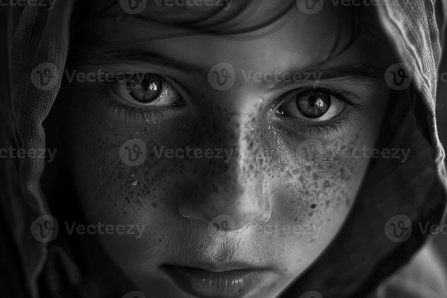 ai généré poignant enfant portrait dans déchiré par la guerre Urbain paysage fermer 2024 photo