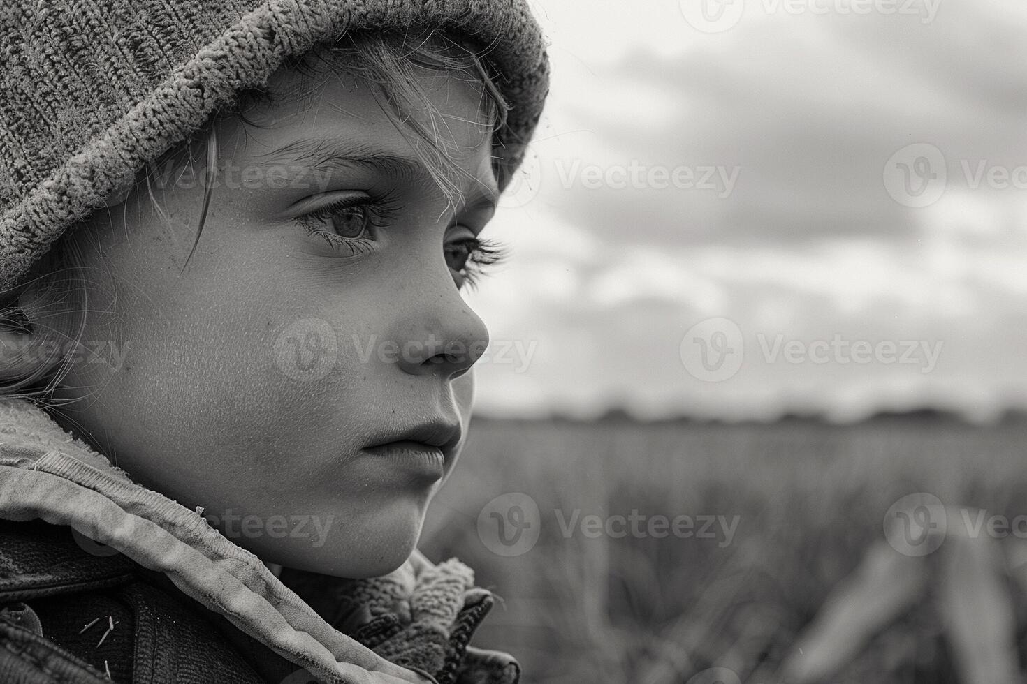 ai généré poignant enfant portrait dans travail réglage au milieu de des champs ou industriel toile de fond 2024 photo