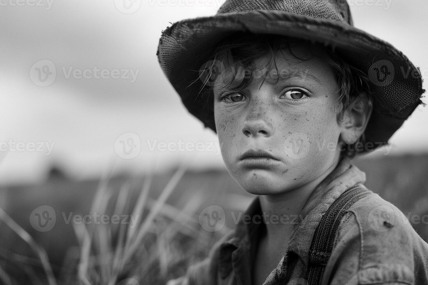 ai généré poignant enfant portrait dans travail réglage au milieu de des champs ou industriel toile de fond 2024 photo