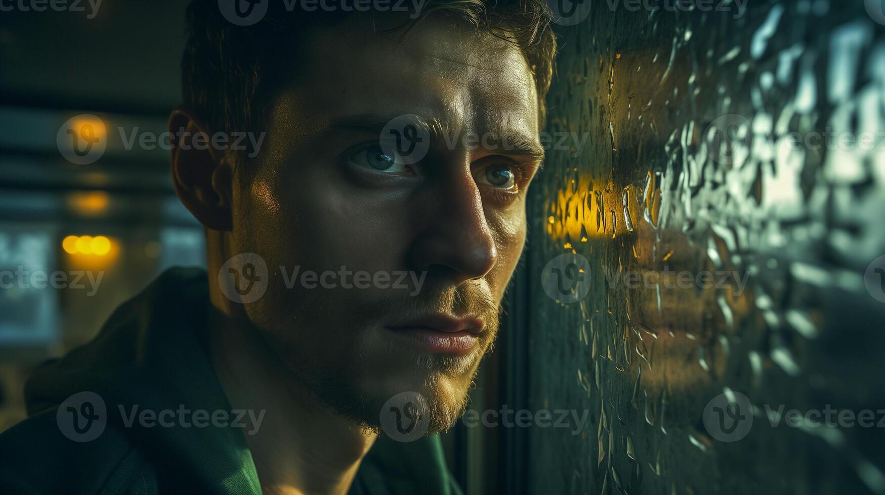 ai généré réfléchi homme à la recherche par une pluvieux fenêtre, reflets de ville lumières. mélancolique humeur, introspectif scène. photo