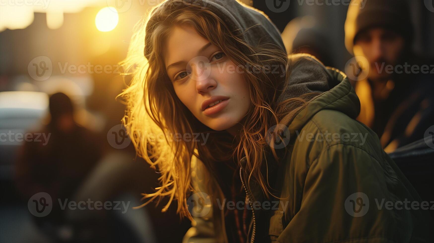 ai généré Jeune femme avec une perçant regard contre Urbain toile de fond. une groupe portrait symbolisant jeunesse et espoir. photo