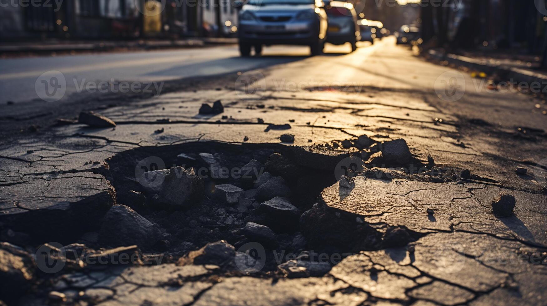 ai généré le coucher du soleil sur une pourri ville rue avec une nid de poule dans tranchant se concentrer, symbolisant Urbain déclin. photo