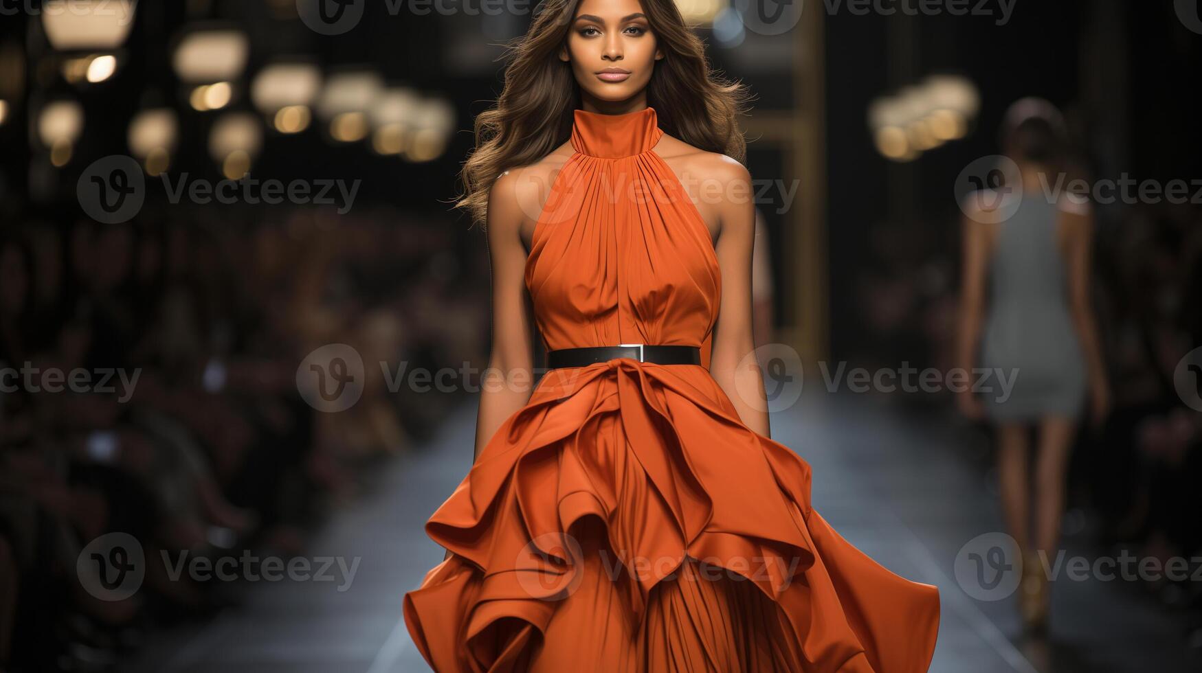 ai généré mode modèle dans écoulement Orange robe en marchant sur passerelle pendant mode semaine, flou public dans Contexte. haute couture et luxe mode concept. conception pour mode éditorial. photo