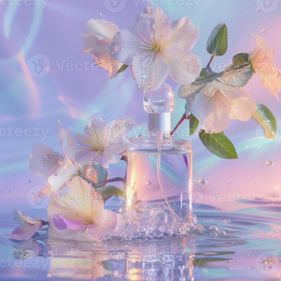 ai généré floral parfum emballage maquette avec l'eau éclaboussure photo