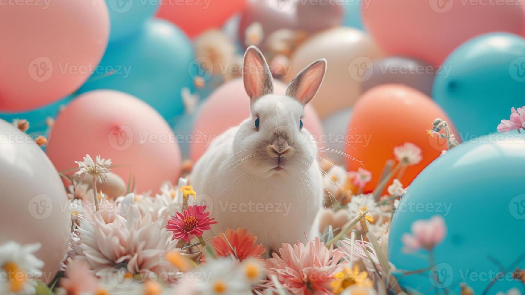 ai généré Pâques lapin entouré par fleurs et pastel des ballons photo