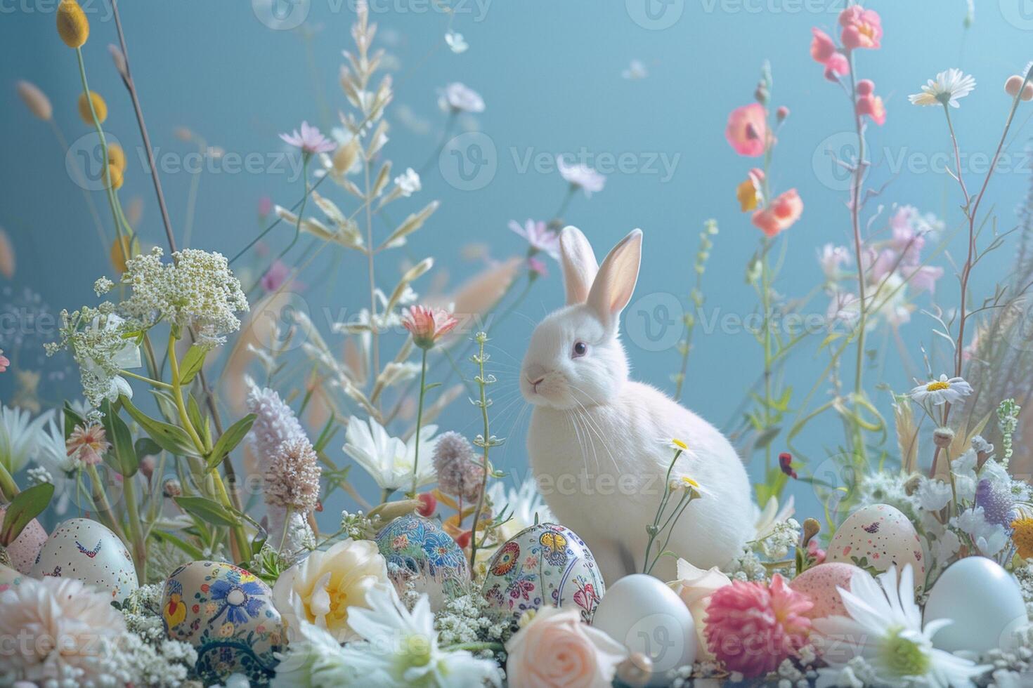 ai généré serein Pâques lapin dans une Prairie de fleurs et des œufs photo