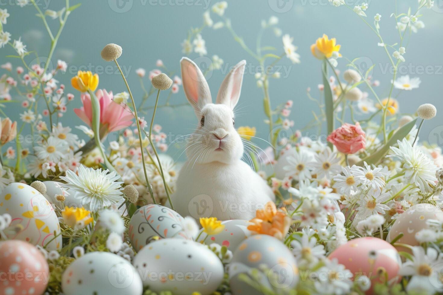 ai généré parfait blanc lapin avec Pâques des œufs dans floral Prairie photo