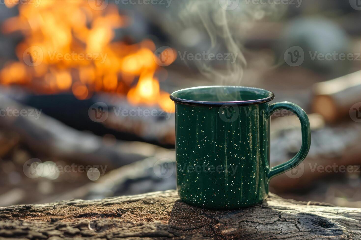 ai généré tasse de chaud thé sur une feu de camp dans le forêt. photo