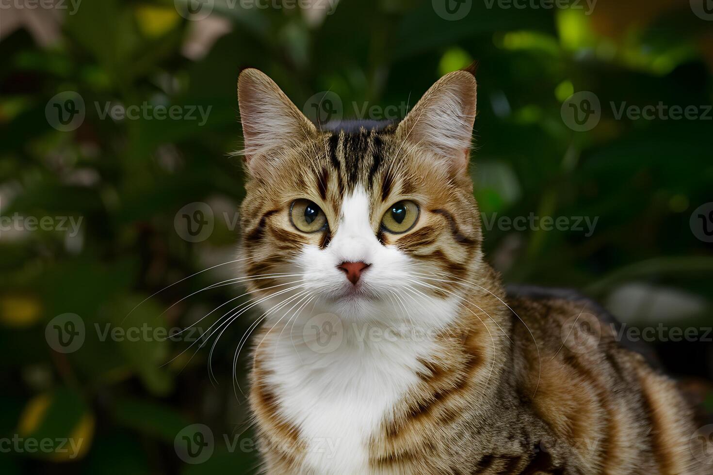 ai généré adorable tigré chat avec frappant marron et blanc fourrure photo