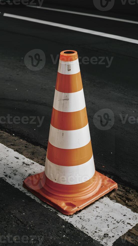 ai généré rayé Orange et blanc route cône sur chaussée, proche en haut verticale mobile fond d'écran photo