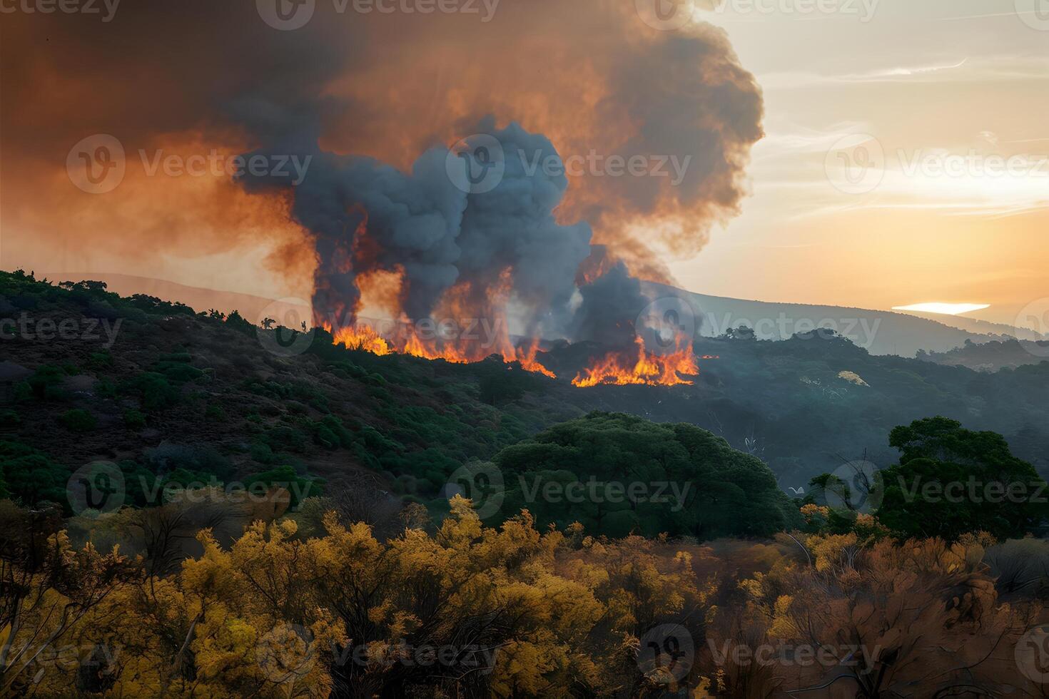 ai généré forêt Feu dévaste avec brûlant les plantes et flottant fumée photo