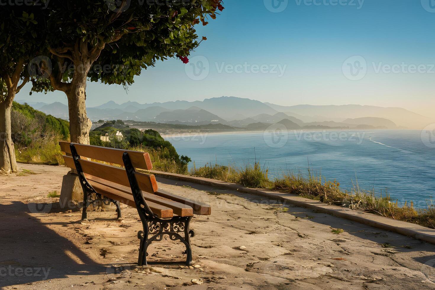 ai généré image parc banc des offres relaxation sur méditerranéen côte photo