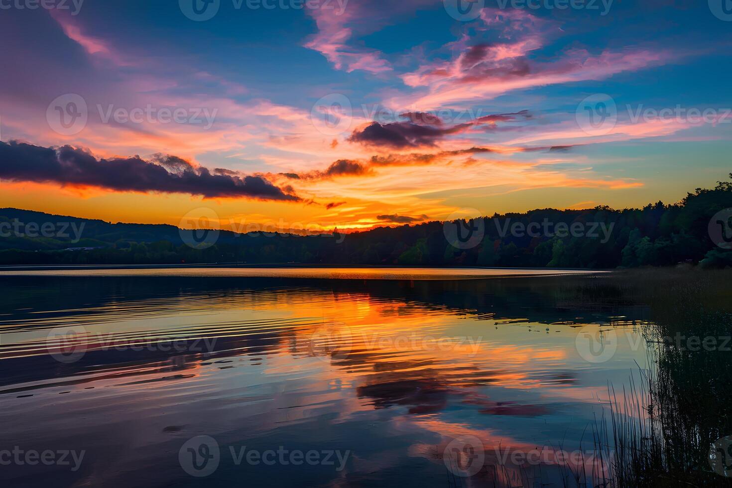 ai généré le coucher du soleil lever du soleil été paysage avec coloré des nuages plus de Lac photo