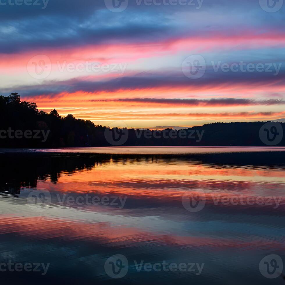 ai généré coloré le coucher du soleil ciel reflète sur le tranquille surface de le Lac pour social médias Publier Taille photo