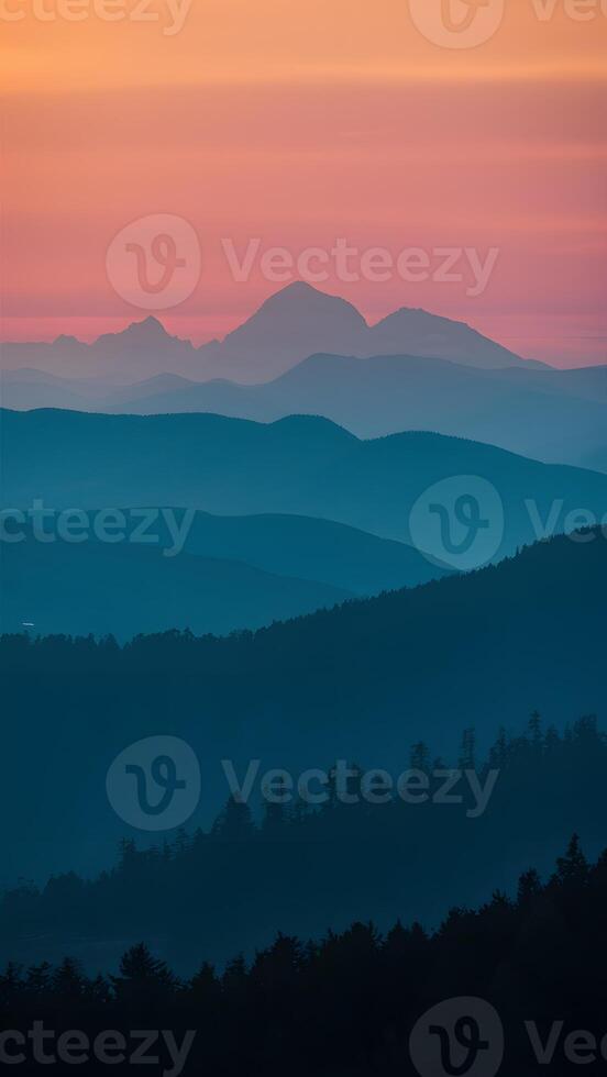 ai généré montagnes silhouette contre le coucher du soleil créer Stupéfiant scénique vue verticale mobile fond d'écran photo