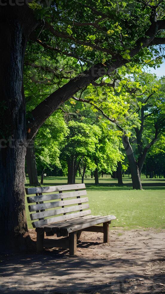 ai généré en bois banc dans parc sur ensoleillé jour, parfait pour relaxation verticale mobile fond d'écran photo