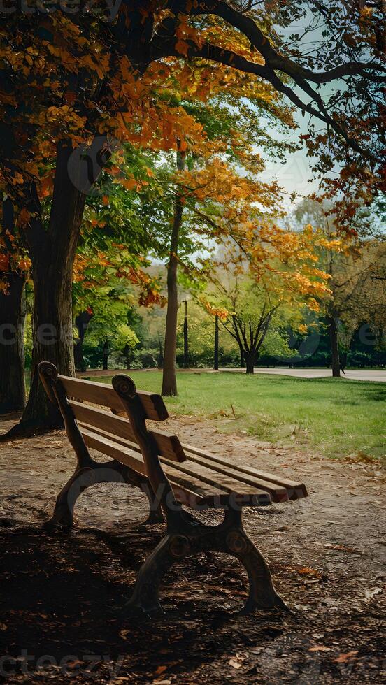 ai généré marron en bois banc dans parc sur ensoleillé journée verticale mobile fond d'écran photo