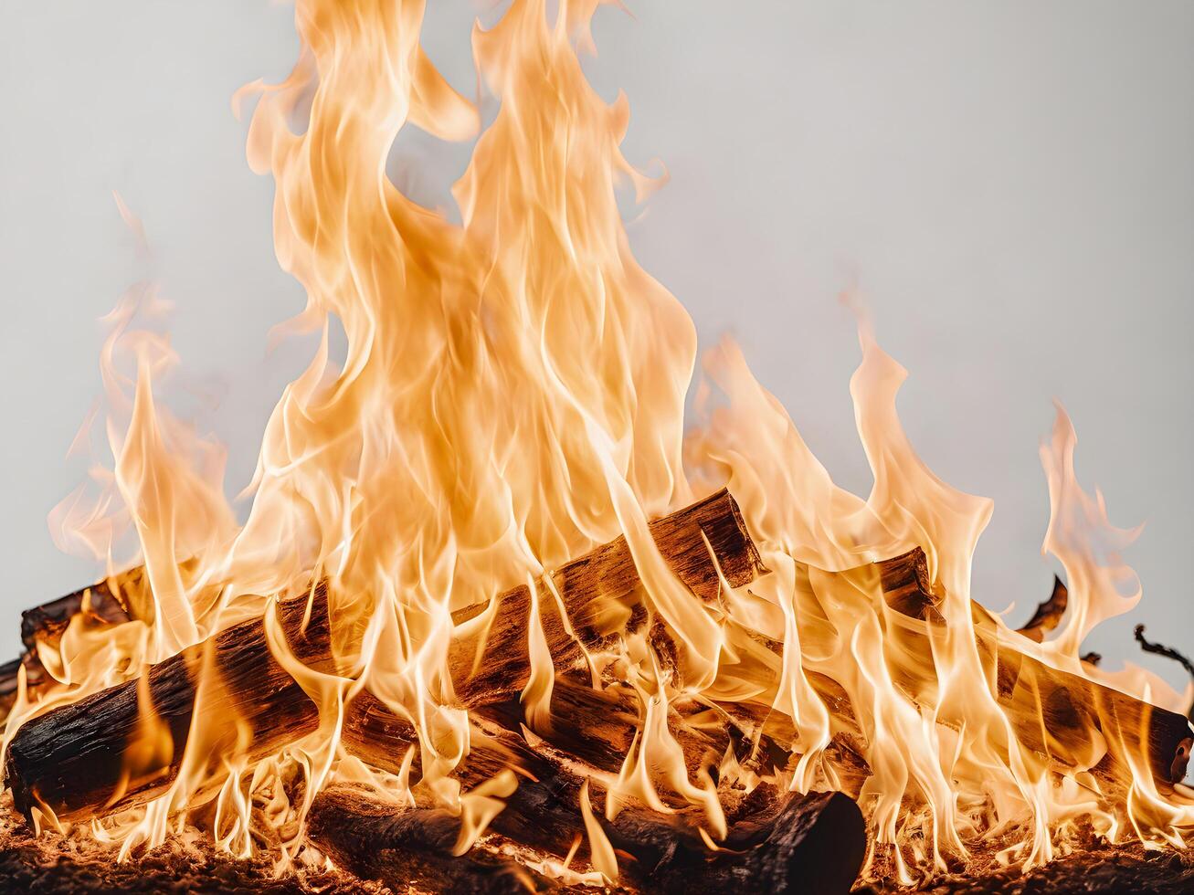 ai généré flammes de une feu de camp sur une blanc Contexte. cheminée photo