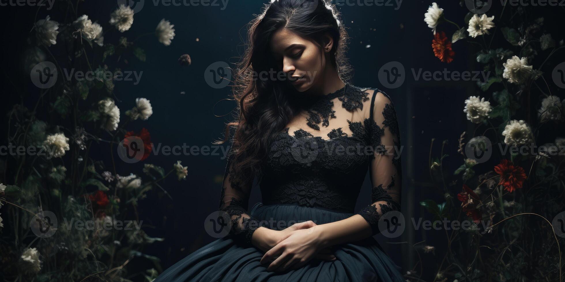 ai généré triste Enceinte femme sur une noir Contexte. noir fleurs. génératif ai photo