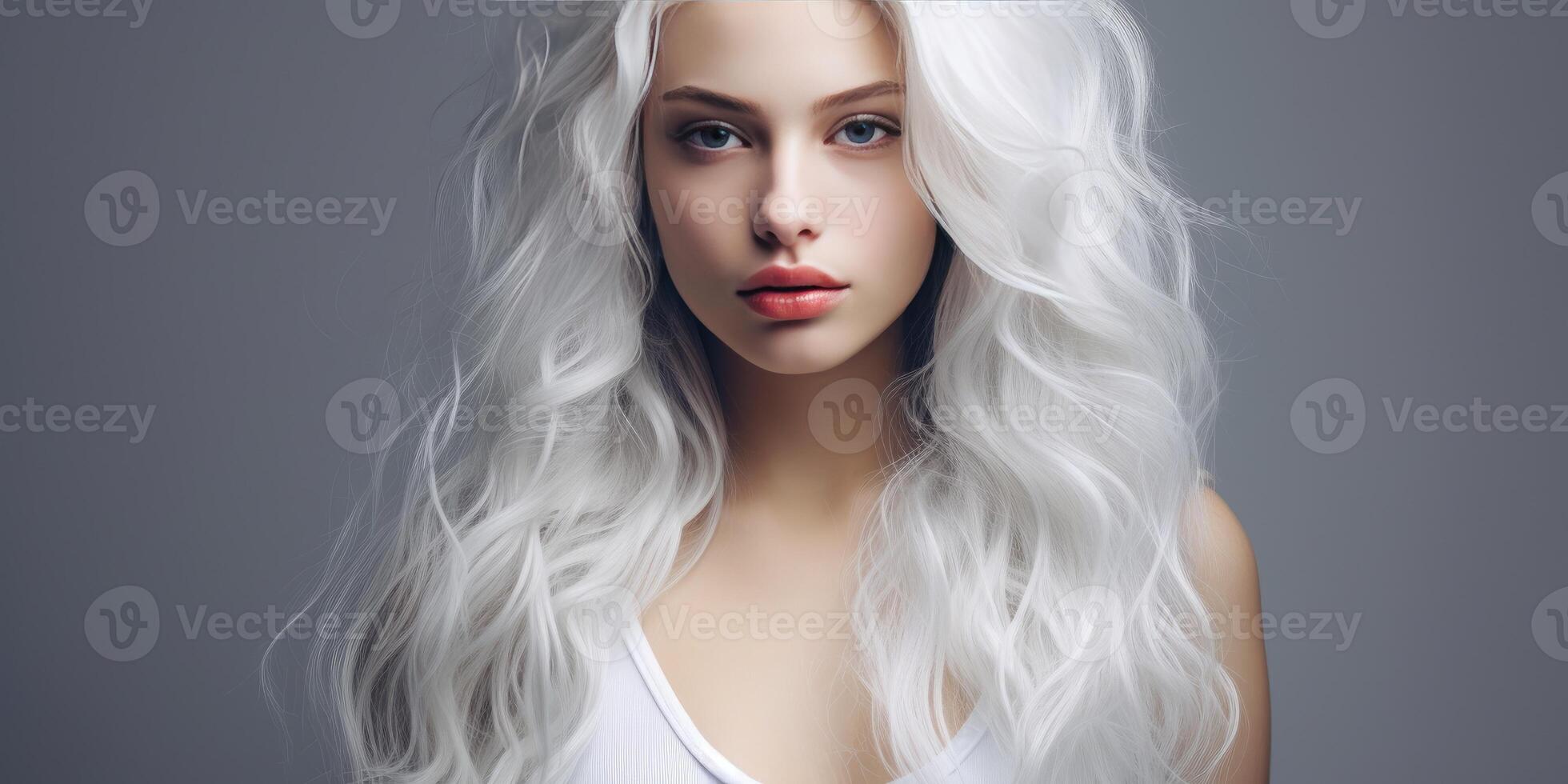 ai généré Jeune moderne fille avec blanc cheveux sur gris Contexte. génératif ai photo