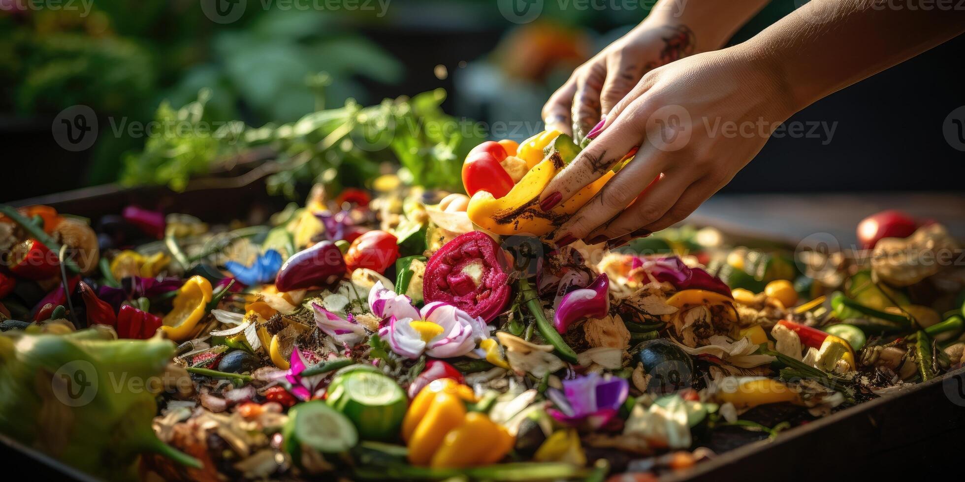 ai généré femme composts nourriture déchets dans sa cour. écologique préoccupation pour la nature. génératif ai photo